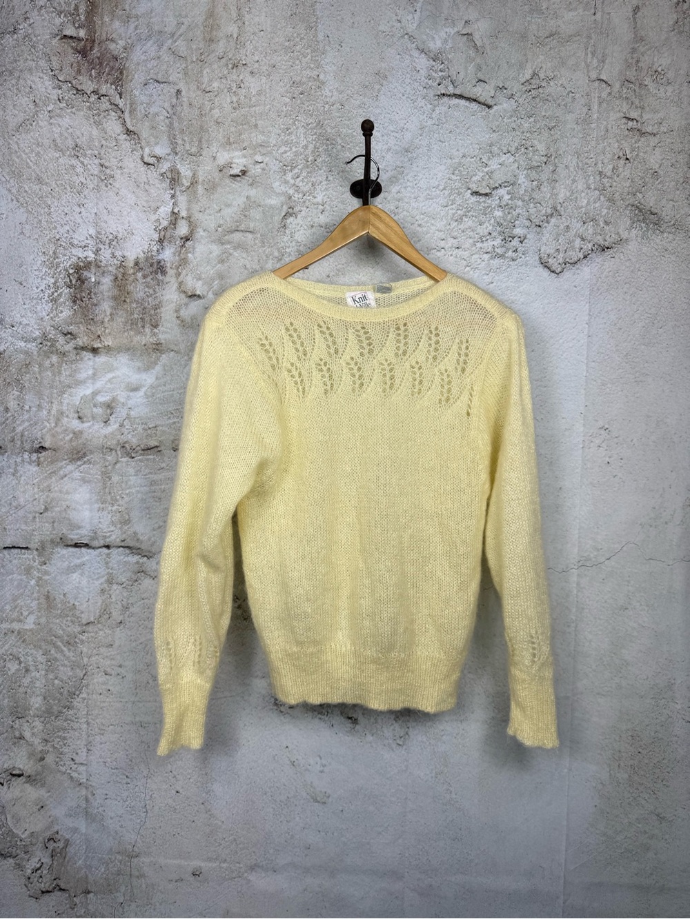Butter Yellow Crewneck Knit Sweater with Openwork Yoke